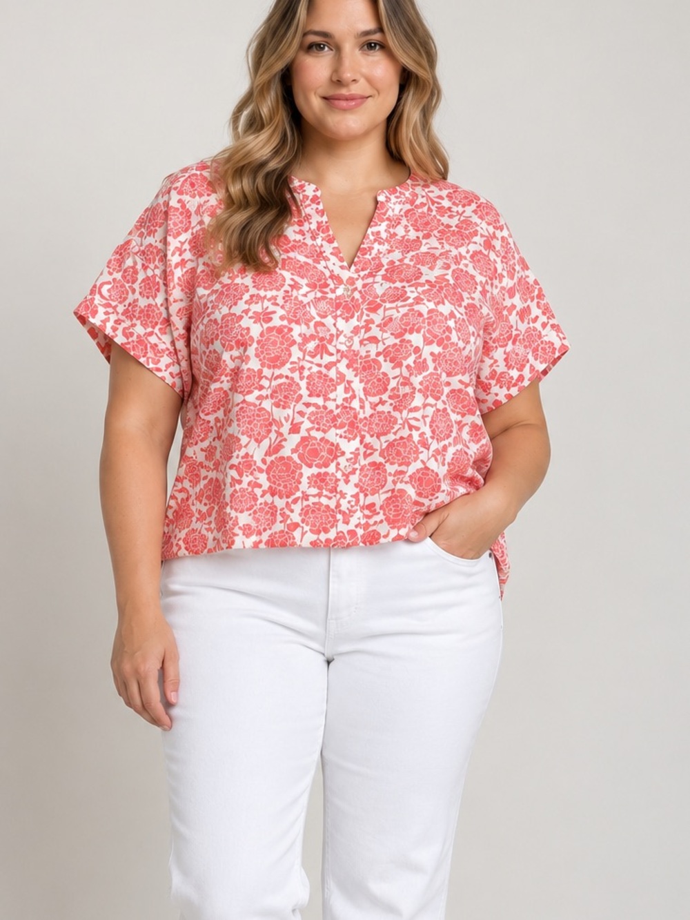 Tahari Coral Pink Floral 100% Cotton Relaxed Dolman Sleeve Blouse XL